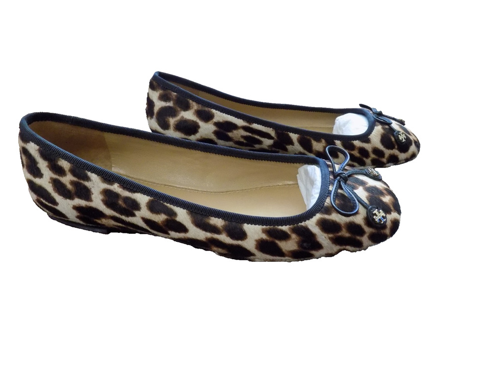 Tory Burch Leopard Black Tan Cow Fur Bow Gold Logo Metal Accents Ballet Flats 7